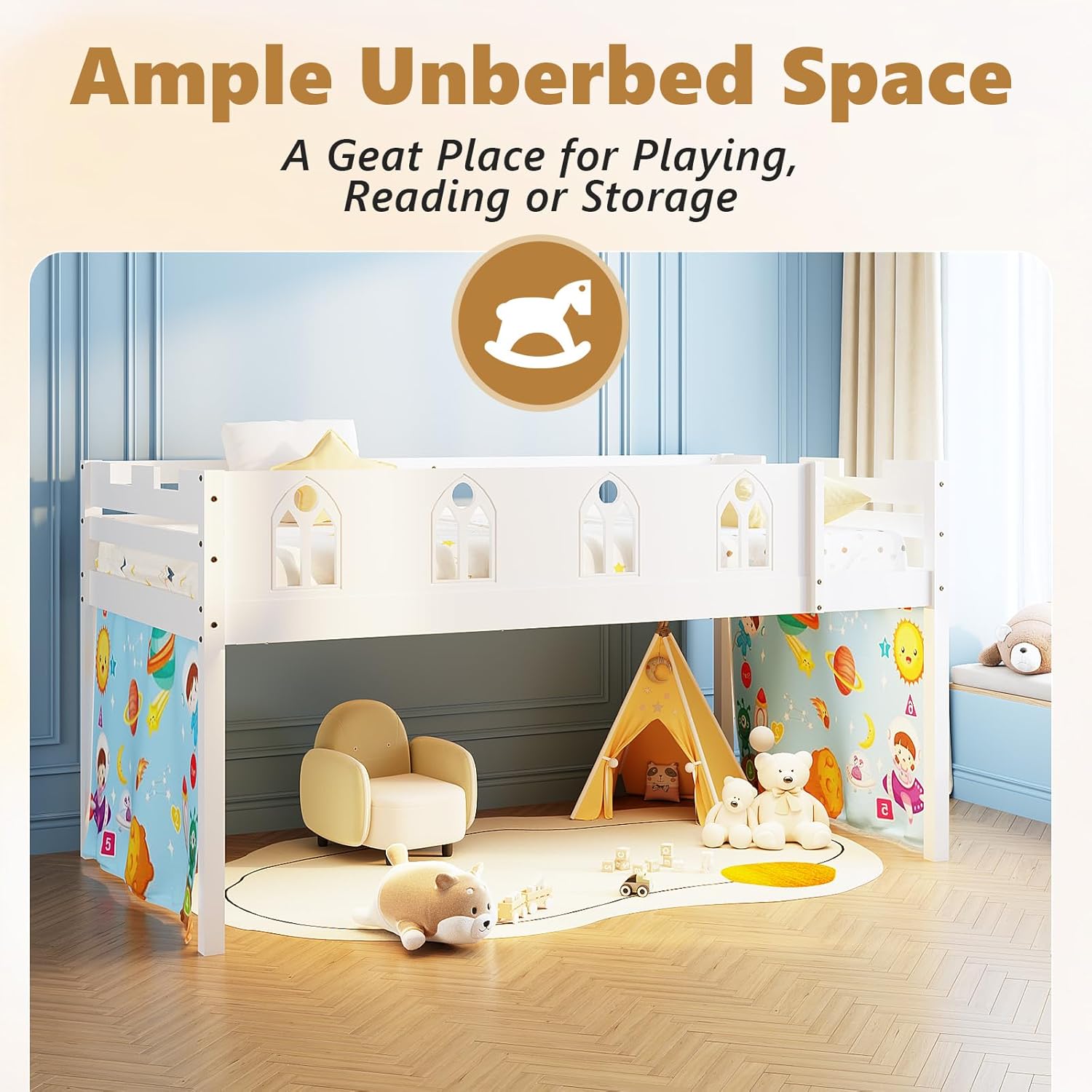 Image depicting the spacious under-bed area of the JOYMOR Low Loft Bed, set up as a play space with a small tent and toys.