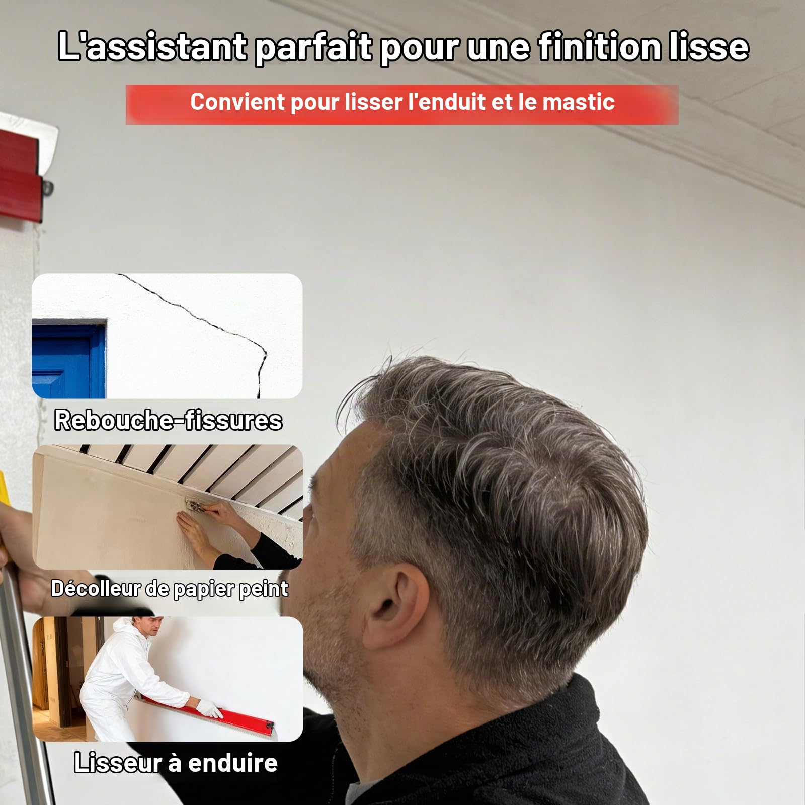 [10 pièces] Kit de lisseuse professionnelle 80/60/40/25 cm, outil enduit avec lames inox 0,3 et 0,5 mm et perche télescopique 1,2 m, pour travaux sur plaques de plâtre et cloisons sèches