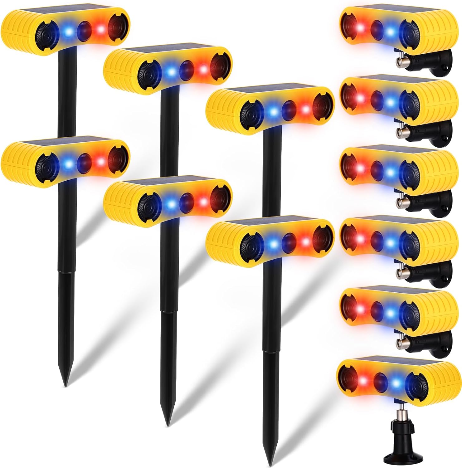 Qualirey 2 Pack Solar Outdoor Motion Sensor Alarm with Stake Animal Deterrent 2 x 129db Loud Noisemaker 13 Sound Detector Strobe Light, 4 Mode Dog Barking Alarm Sensor on Ground or Fence