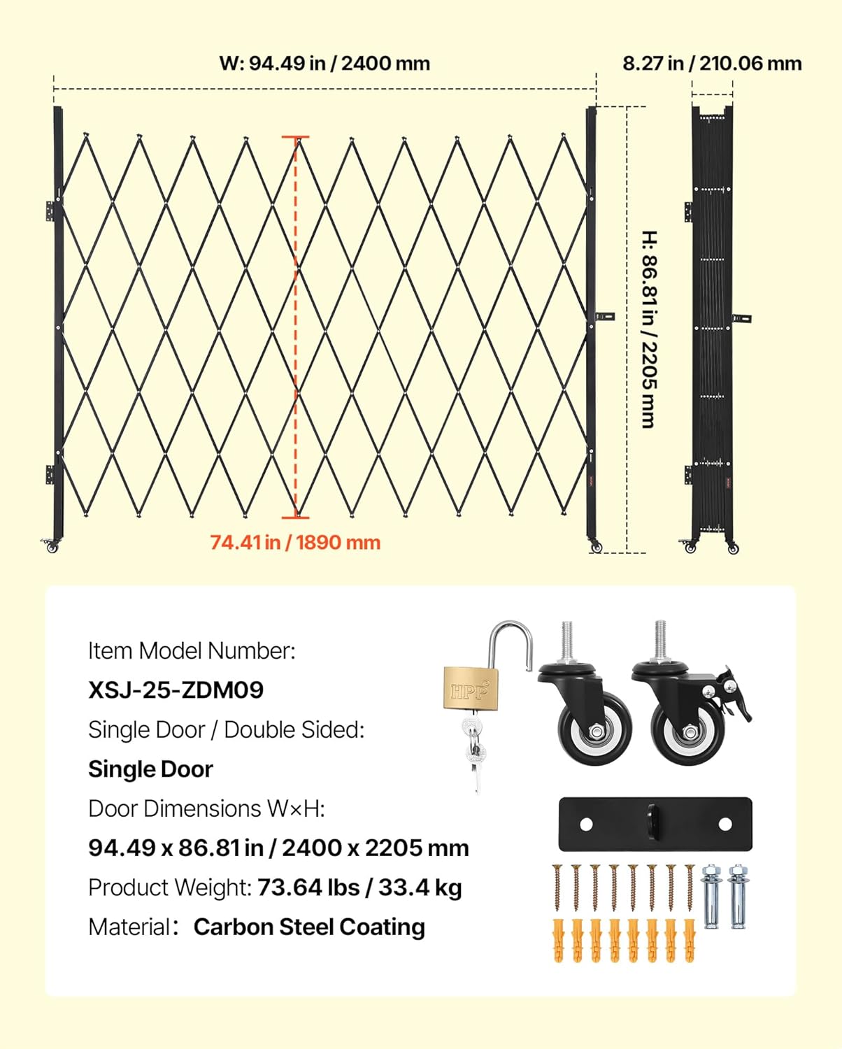 VEVOR Single Folding Security Gate, Lockable Scissor Gate with 360° Swivel Casters, Outdoor Barricade Steel Retractable Gates, for Entry Security, Garage, Warehouse & Pool, 94.49 x 86.81 in (W x H)