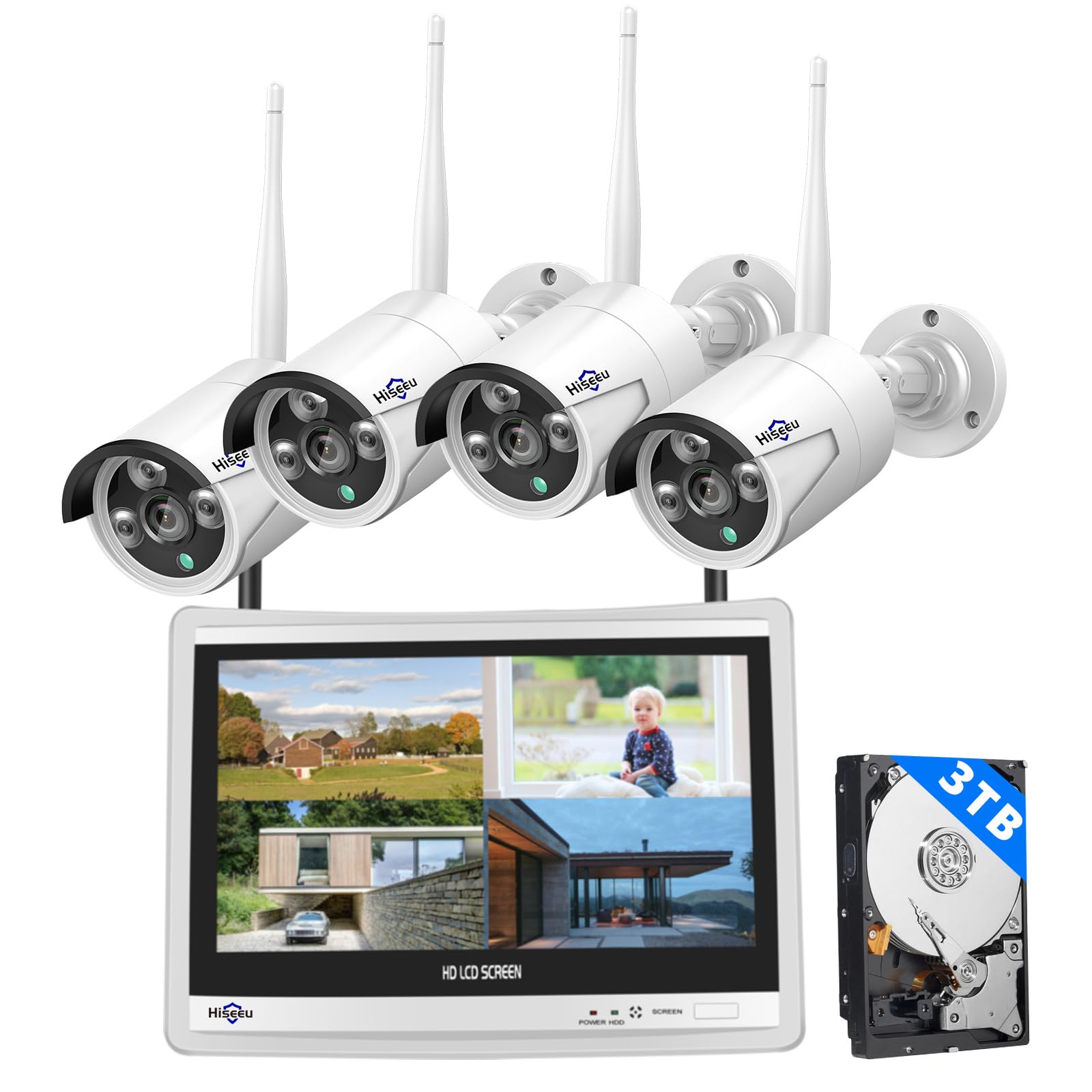 [16CH Expandable, 5MP] Hiseeu Home Security System, 2.4G/5G Wireless WiFi Pro 4K Full 12" LCD Monitor Built in NVR, 24/7 Recording, 3TB HDD, DC12V 5MP Outdoor Bullet Cameras, Night Vision, Waterproof