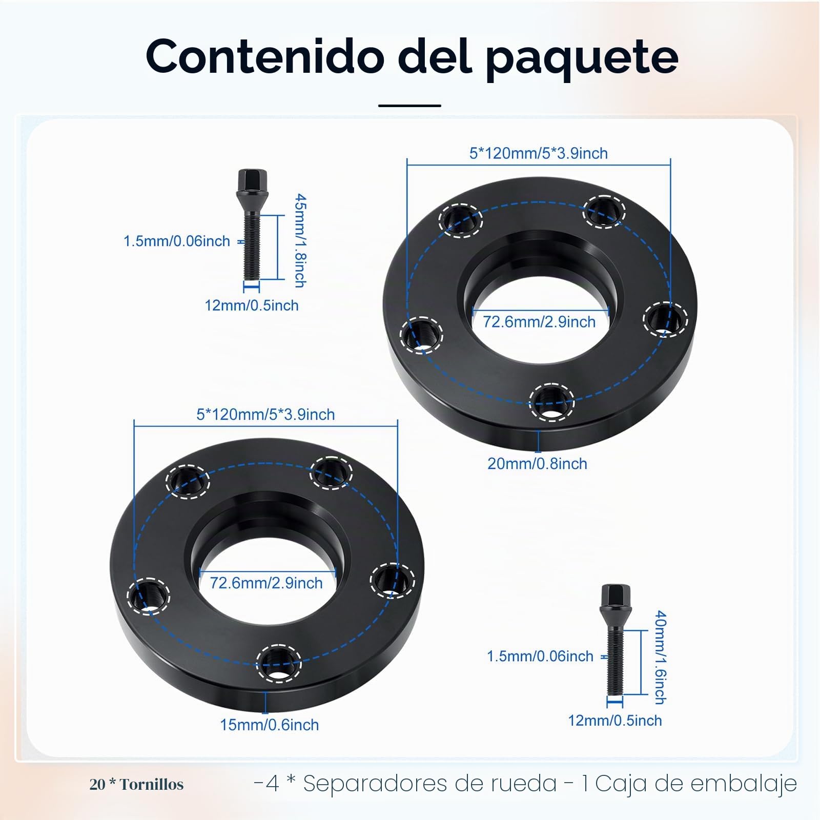 GEARMONSTER 4 separadores de ruedas 5 x 120 NLB:72.6 15/20 mm con 20 tornillos de rueda M12 x 1,5 para BMW Serie 3