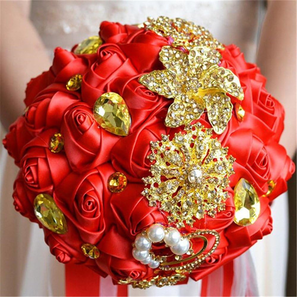 MOJUN Romantic Customization Bride Wedding Holding Bouquet Ribbon Roses Bouquet Pearl Gold Diamond Rhinestone Decor(Dia:21cm, Burgundy)