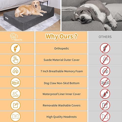 Miniatura 8 de Camas ortopédicas para perros grandes, camas para perros de espuma viscoelástica de 7 pulgadas con forro impermeable, funda de microgamuza a prueba