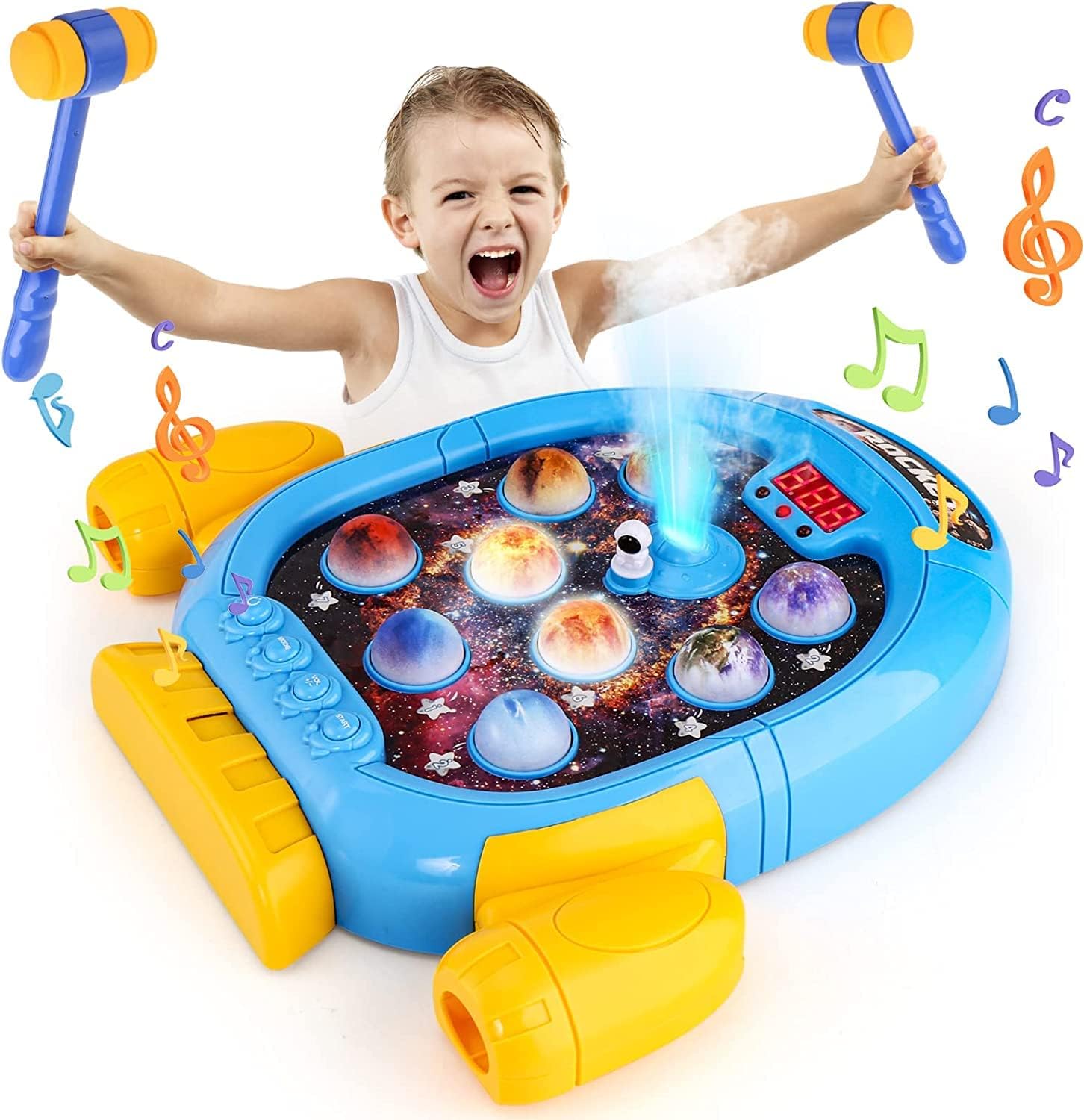 6 Modes Whack A Mole Game for Toddlers, Space Whack A Planet Toys for Boys 2 3+ Years, Toddlers Musical Early Learning Toy with 2 Soft Hammers, Built-in Lightup & Spray Function, 9 Planets, 45 Levels