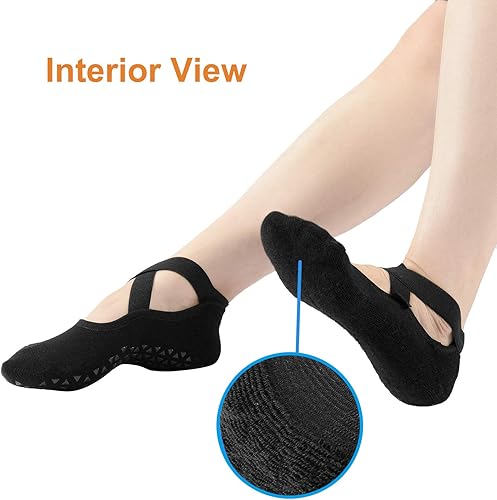 Miniatura 3 de Pauboland Paquete de 6 calcetines acolchados negros para mujer, antideslizantes, piyo barre, pilates, ballet, yoga, con agarres, talla 4-9