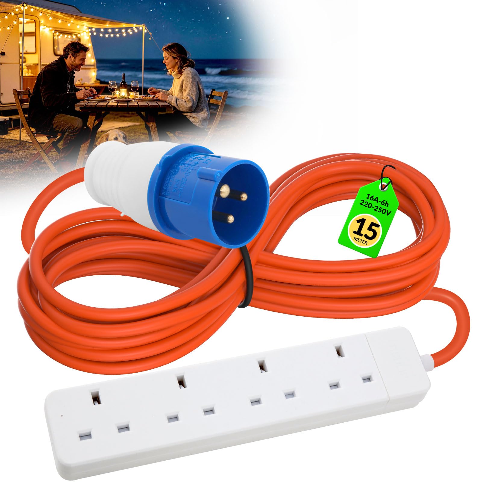 4 Gang Caravan Hook Up Cable 15m, 16A to 13A Heavy Duty 250V Extension Lead