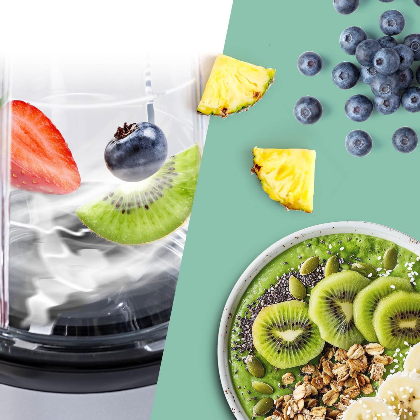 Close-up of fruits like kiwi, blueberries, and strawberries being blended inside the GOURMETmaxx Mr. Magic Power Pro Blender cup.