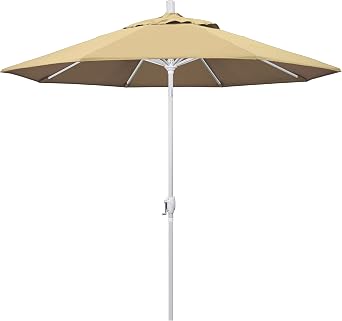 California Umbrella 9 Round Aluminum Market Umbrella, Crank Lift, Push Button Tilt, White Pole