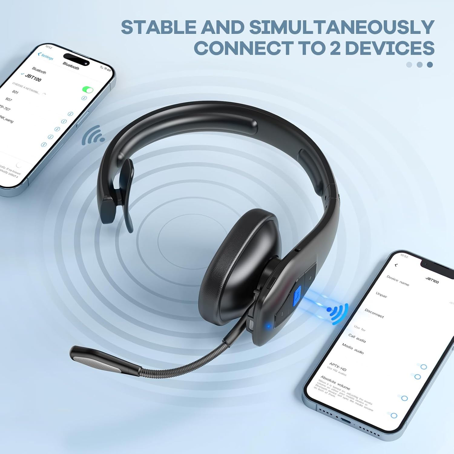 CONAMBO JBT100 Trucker Bluetooth Headset with Dual Mic Noise Canceling, CVC8.0, Mute Button, 60Hrs Battery Wireless Headset, On Ear Headphone for Cell Phones Business Home Driver Office Work - Image 4