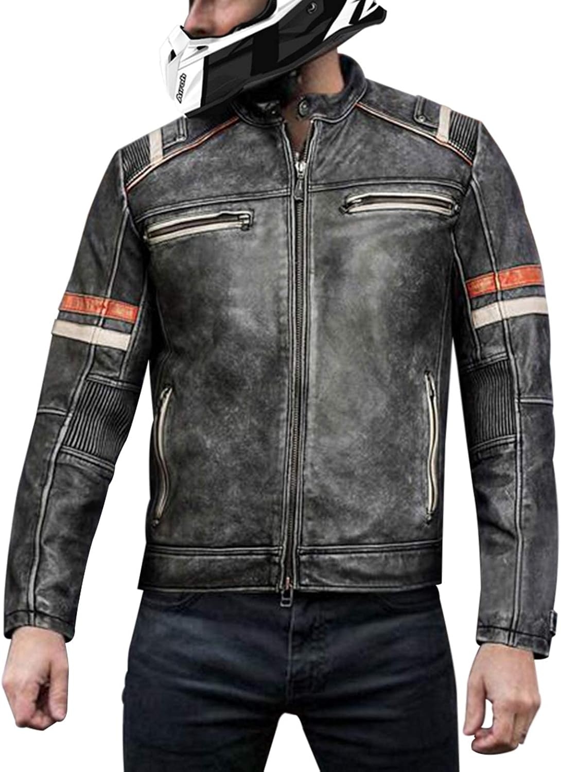 Men's Retro Biker Vintage Cafe Racer Motorcycle Distressed Black Leather Jacket