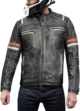 Mens Retro Biker Vintage Cafe Racer Motorcycle Distressed Black Leather Jacket