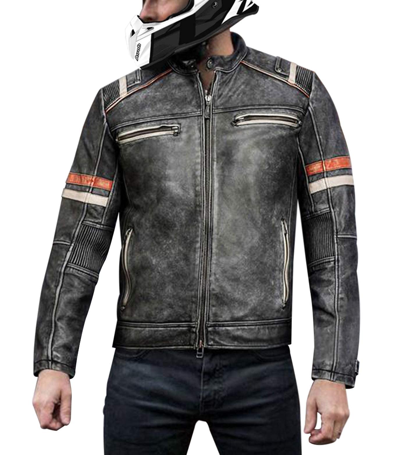 Fashion_First Mens Black Motorcycle Retro Leather Biker Jacket Men Cafe Racer Leather Jacket Mens Black Distressed Leather Jacket