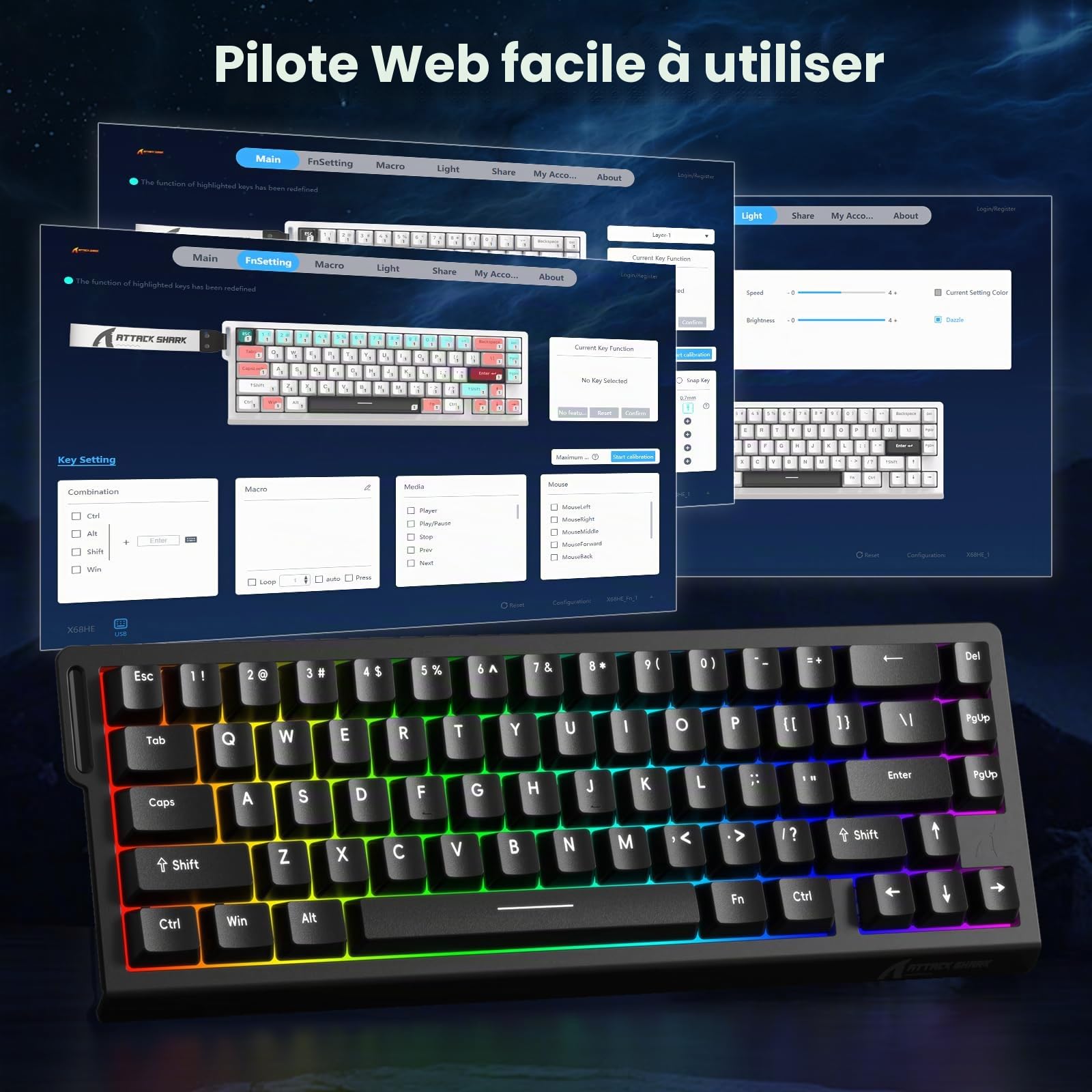MAMBASNAKE Attack Shark X68 HE Interrupteur magnétique pour Clavier à déclenchement Rapide (Noir)