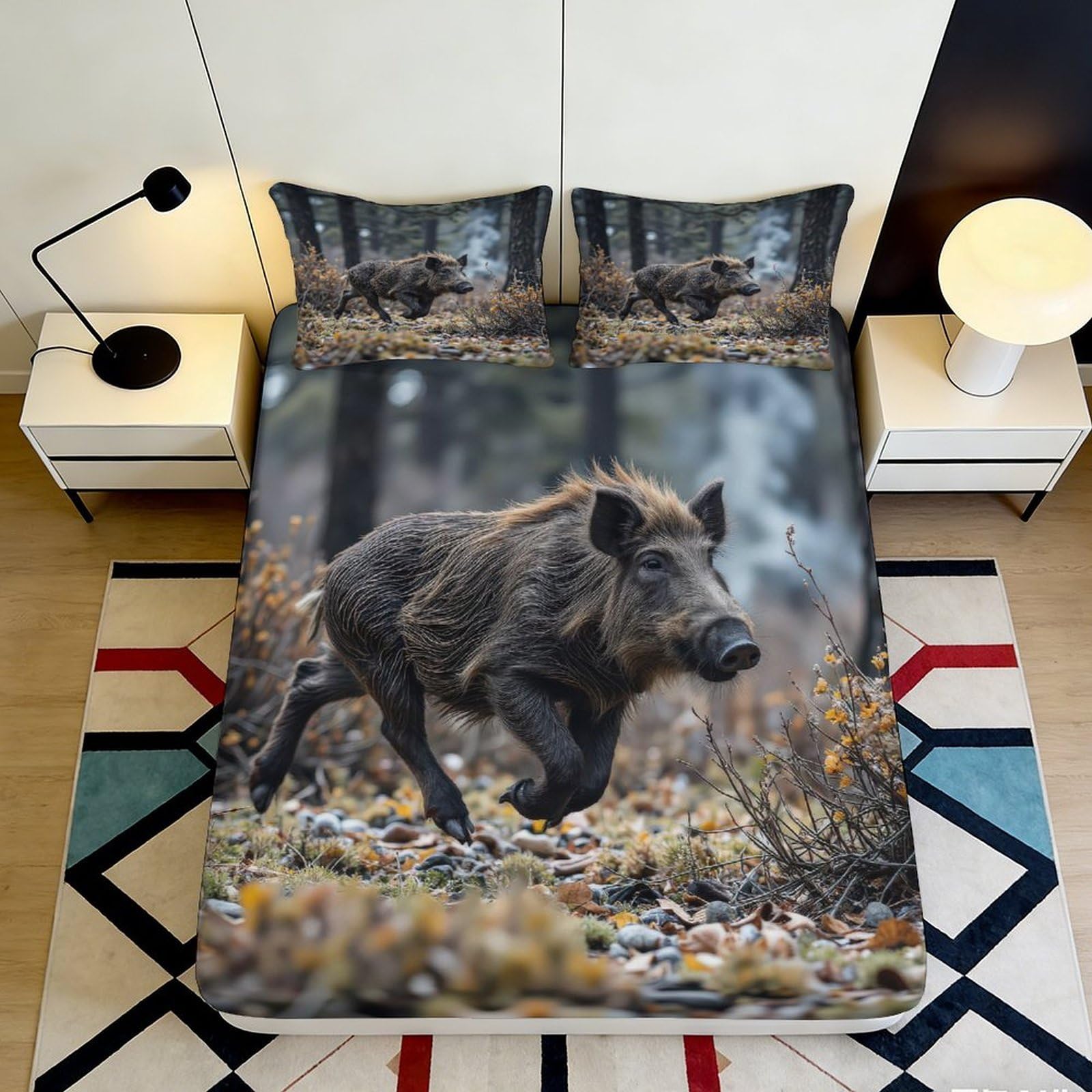 3D Printed Wild Boar Forest Fitted Sheet Microfiber Non-Slip Bed Cover Easy Care Bedroom Decor for Mattress Protection 90x200x25cm