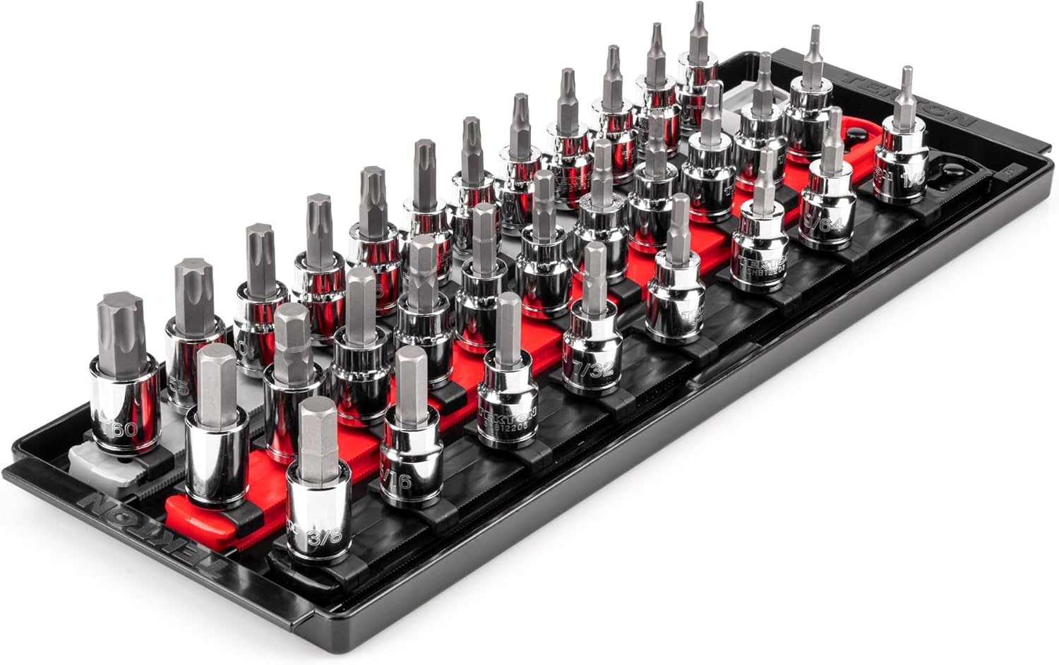 TEKTON 3/8 Inch Drive Hex and Torx Bit Socket Set with Rails and Tray, 31-Piece (1/8-3/8 in., 3-10 mm, T10 - T60) | SHB91203