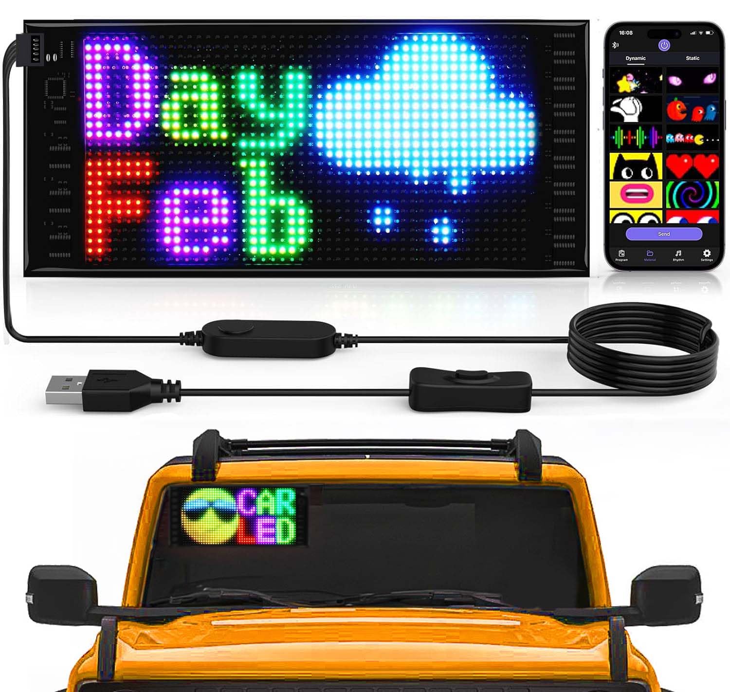 Double Row Programmable LED Sign, 10.6" x 4.7" Flexible USB 5V/2A Bluetooth APP Control Full Color Import Picture Custom Scrolling LED Display Multitasks Loop LED Digital Sign for Car, Store, Party