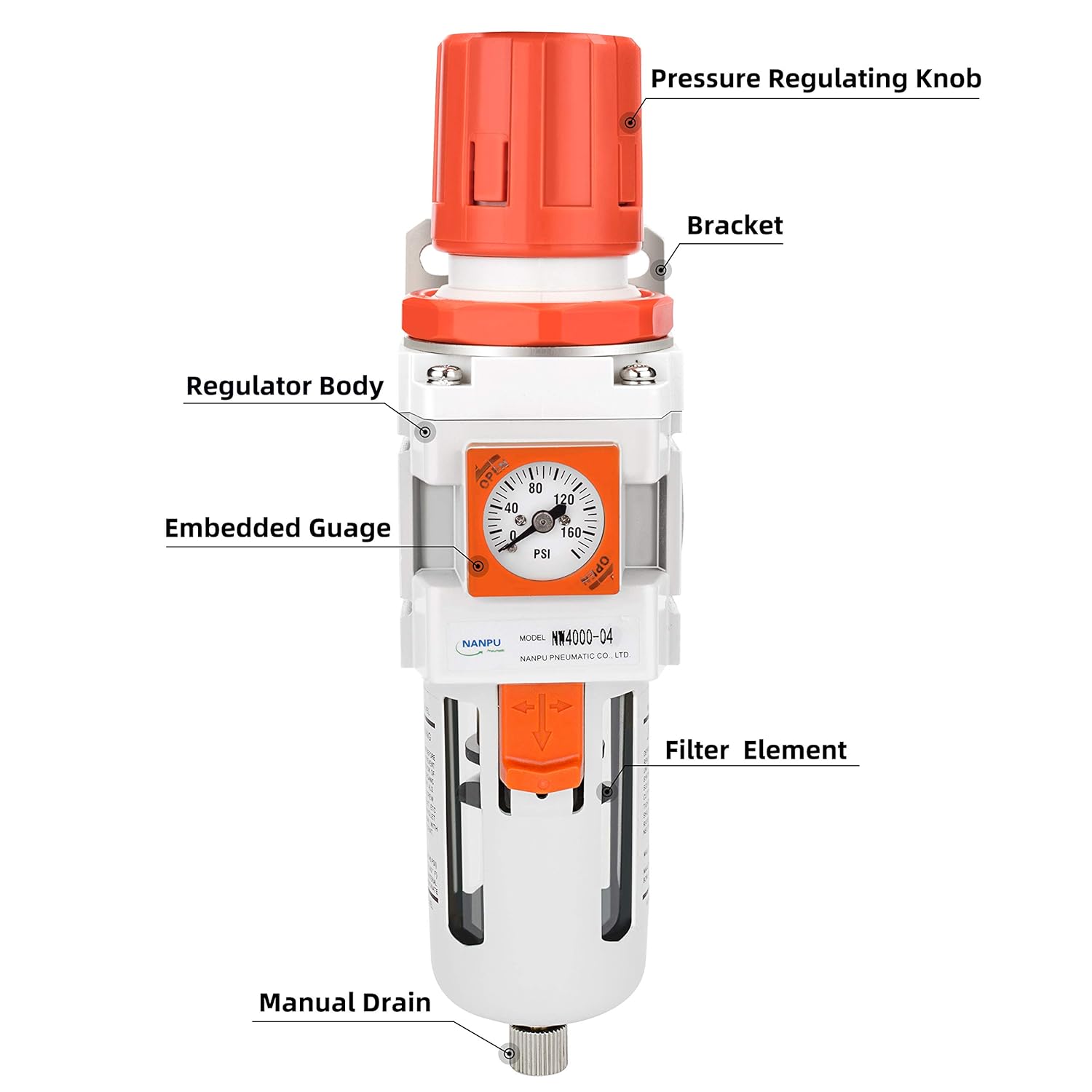 NANPU 1/2" NPT Embedded Gauge Compressed Air Filter Regulator Piggyback Combo, Semi-Auto Drain, 5 Micron Brass Element, Poly Bowl, Metal Bracket