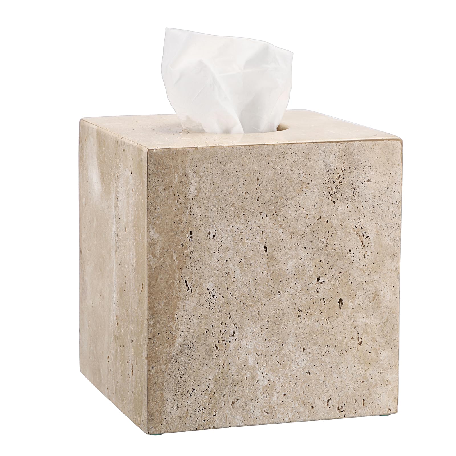 SUMTree Boîte à Mouchoir en Travertin Distributeur Carré, 14x14x15cm | Pas de Fond, antidérapante, élégante, Porte-Papier Décoratif, Pour Salle de Bain, Salon, Chambre, Jardin