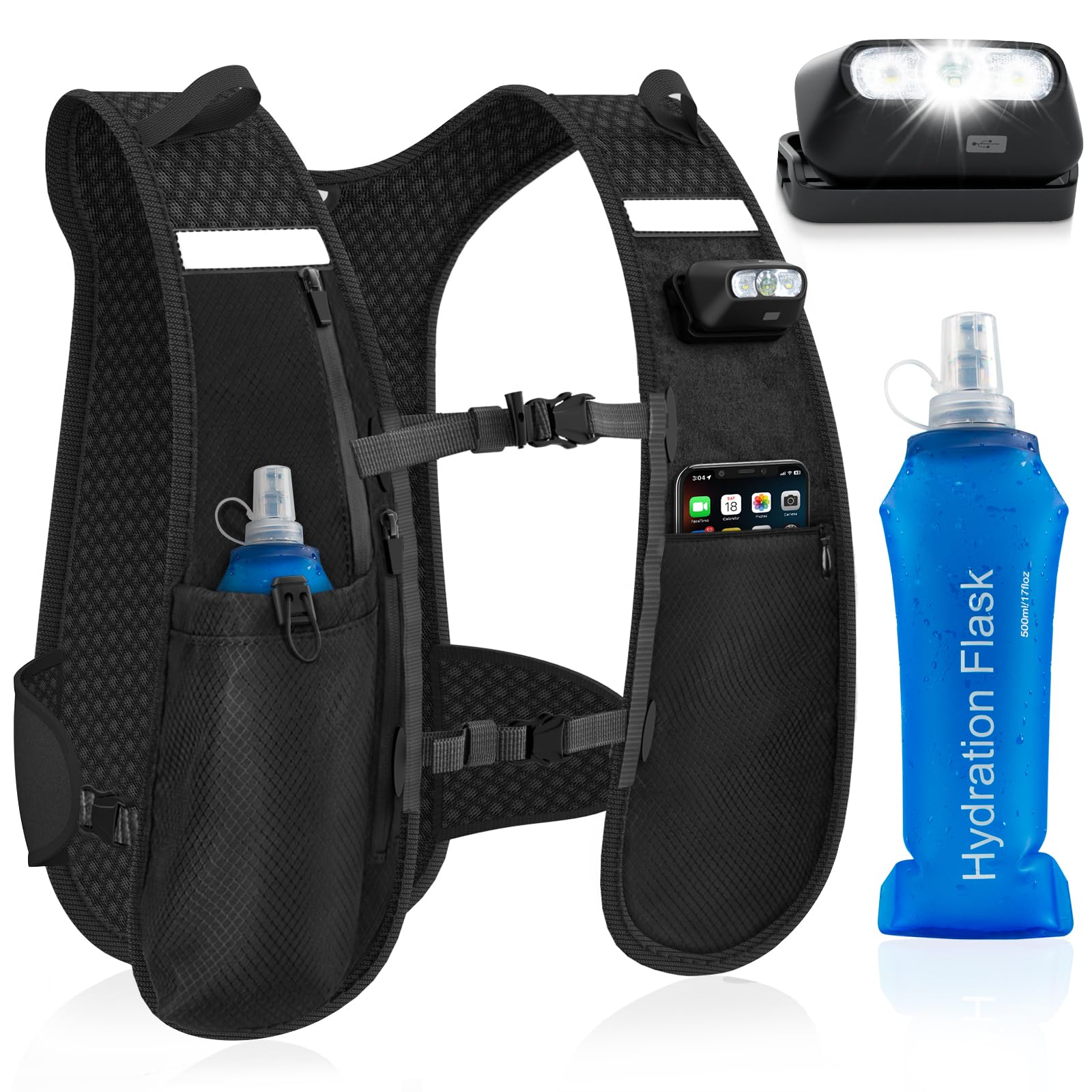 Nextyu Laufweste Damen und Herren, Trinkweste mit Trinkflasche Soft 500ML & Handytasche, Trinkrucksack Reflektierend Leicht für Trailrunning Wandern Marathon Laufen Joggen