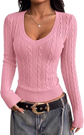 IWD Womens V Neck Cable Knit Sweaters 2026 Fall Long Sleeve Pullover Tops