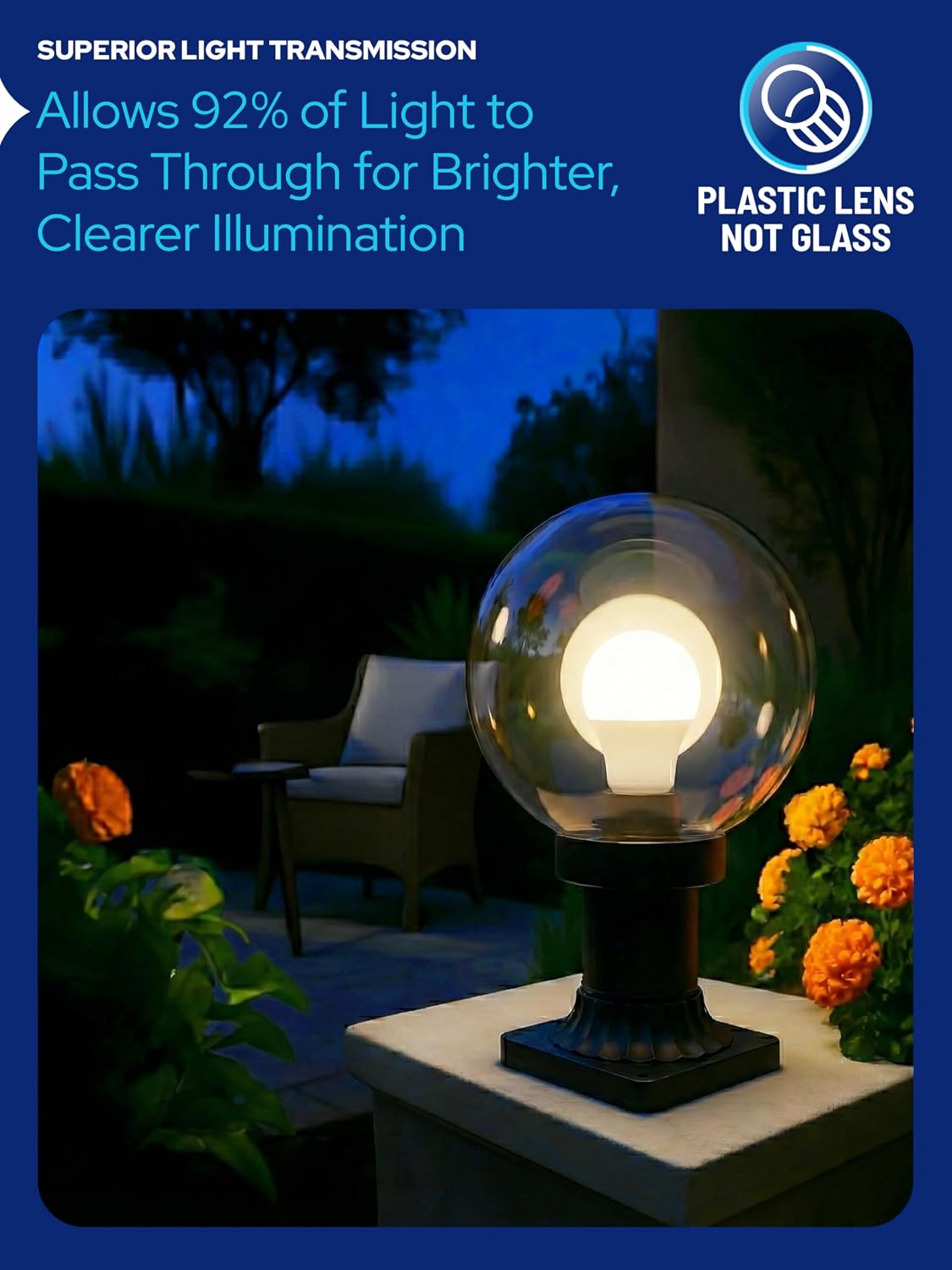 KASTLITE 8" Globe Pier Mount Outdoor Lighting with LED Lamp | UV & Waterproof Pillar & Column Lights | Deck Driveway Yard Patio & Garden Fixture | Made in USA | Clear Cover, Black Decorated Base