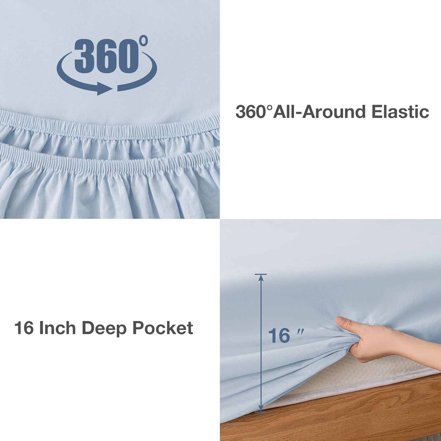 Yibeizi Light Blue 100% Washed Cotton Linen Feel Sheet Set Full Size, 4 Pieces Deep Pocket Bed Sheets Soft Breathable Hotel Bedsheets