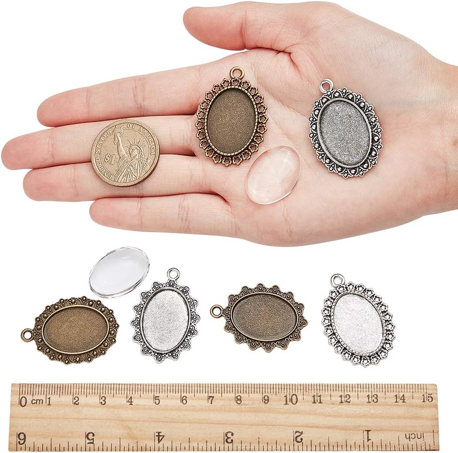 PH PandaHall 36 Sets Earring Pendant Tray Bezel, 3 Style 36pcs Earring Cabochon Settings 40pcs Oval Transparent Glass Cabochons Dome and 40pcs Brass Earring Hooks for Women Earring Jewelry Making