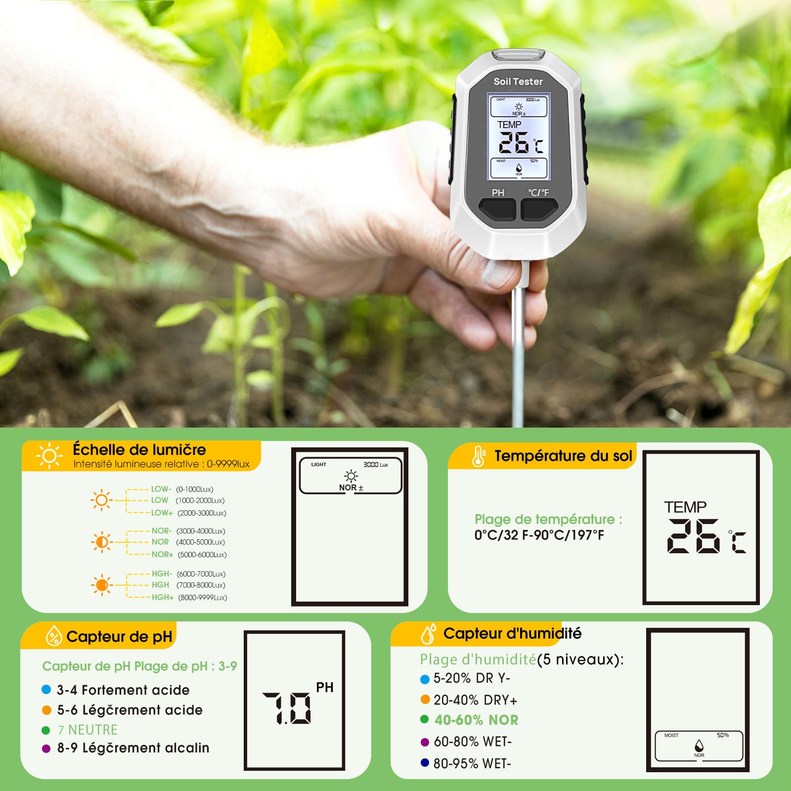 YAMRON testeur humidité Plante，4 en 1 numérique testeur ph Sol，Humidité/PH/Température/Ensoleillement，Écran LCD rétroéclairé，concerner Jardins, fermes, Plantes d'intérieur et d'extérieur.