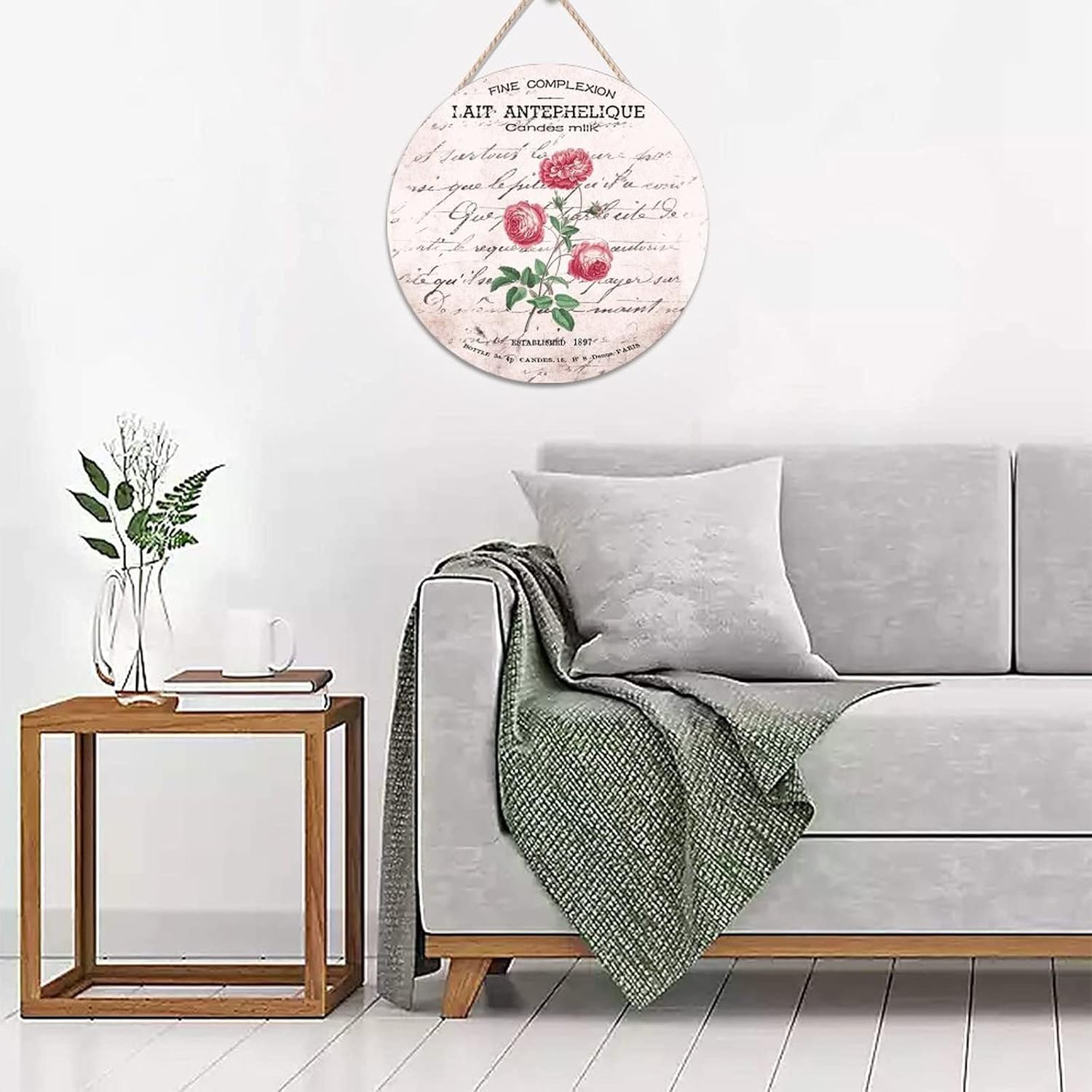 French Vintage Flower Wood Door Sign Floral Round Door Hanger Sign 16x16in Retro Wall Door Hanging Sign for Outdoor Front Porch Farmhouse Front Door Decor Housewarming Gifts