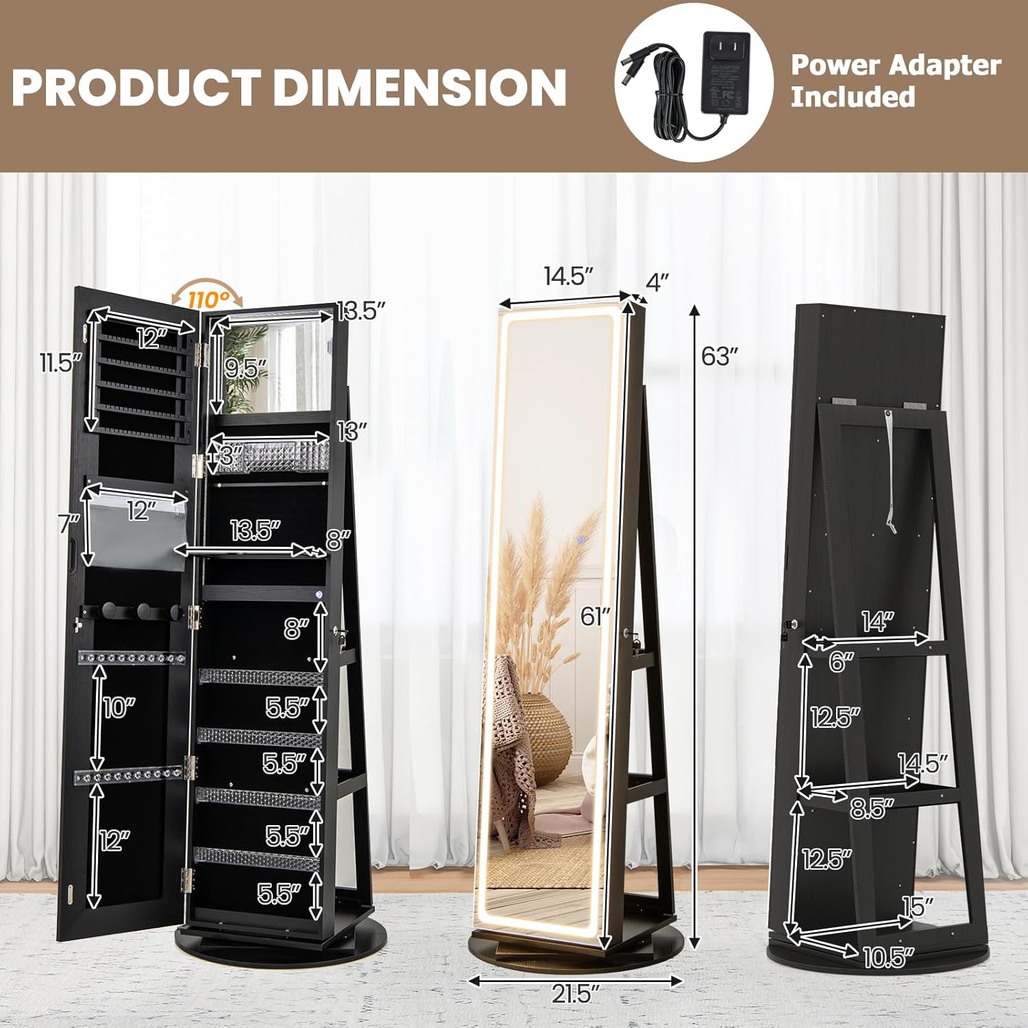 CHARMAID 360° Rotating Jewelry Armoire with LED Lighted Full Length Mirror & Built-in Vanity Mirror, Lockable Standing Jewelry Cabinet with Lights, Large Storage Organizer for Jewelry (Black)