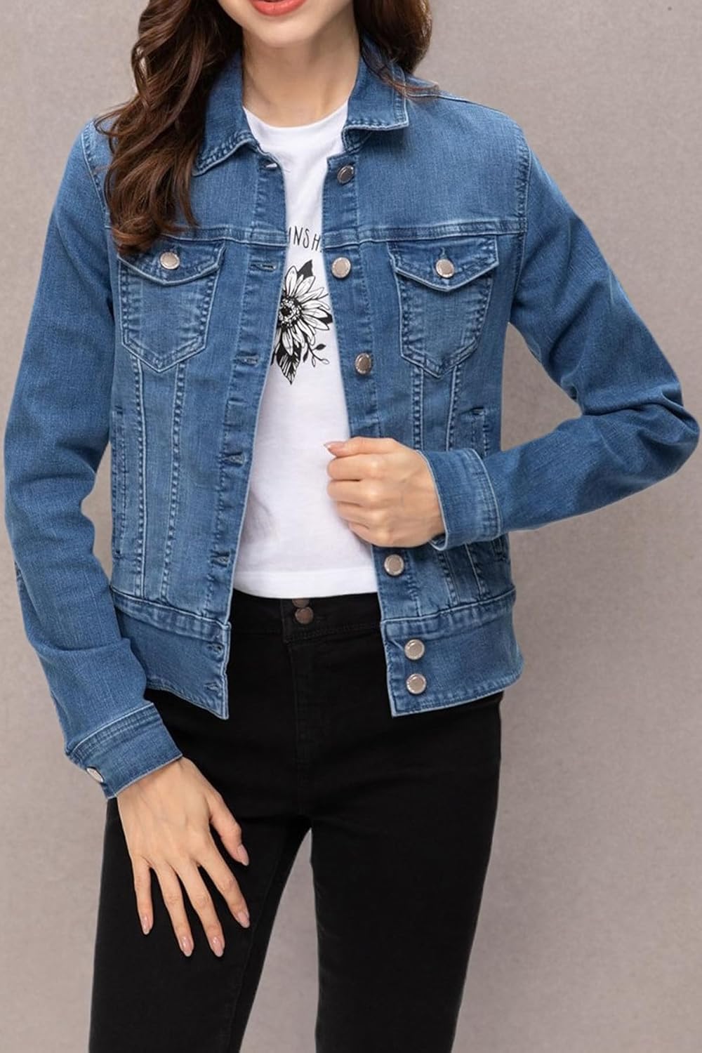 FASHIONSPARK Women's Basic Button Down Denim Jacket, Casual Long Sleeve Fitted Jean Jacket with Pockets - Image 5