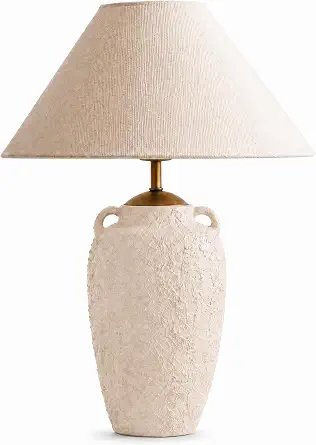 Textured Ceramic Table Lamp with Linen Shade, Rustic Bedside Lamp, Beige