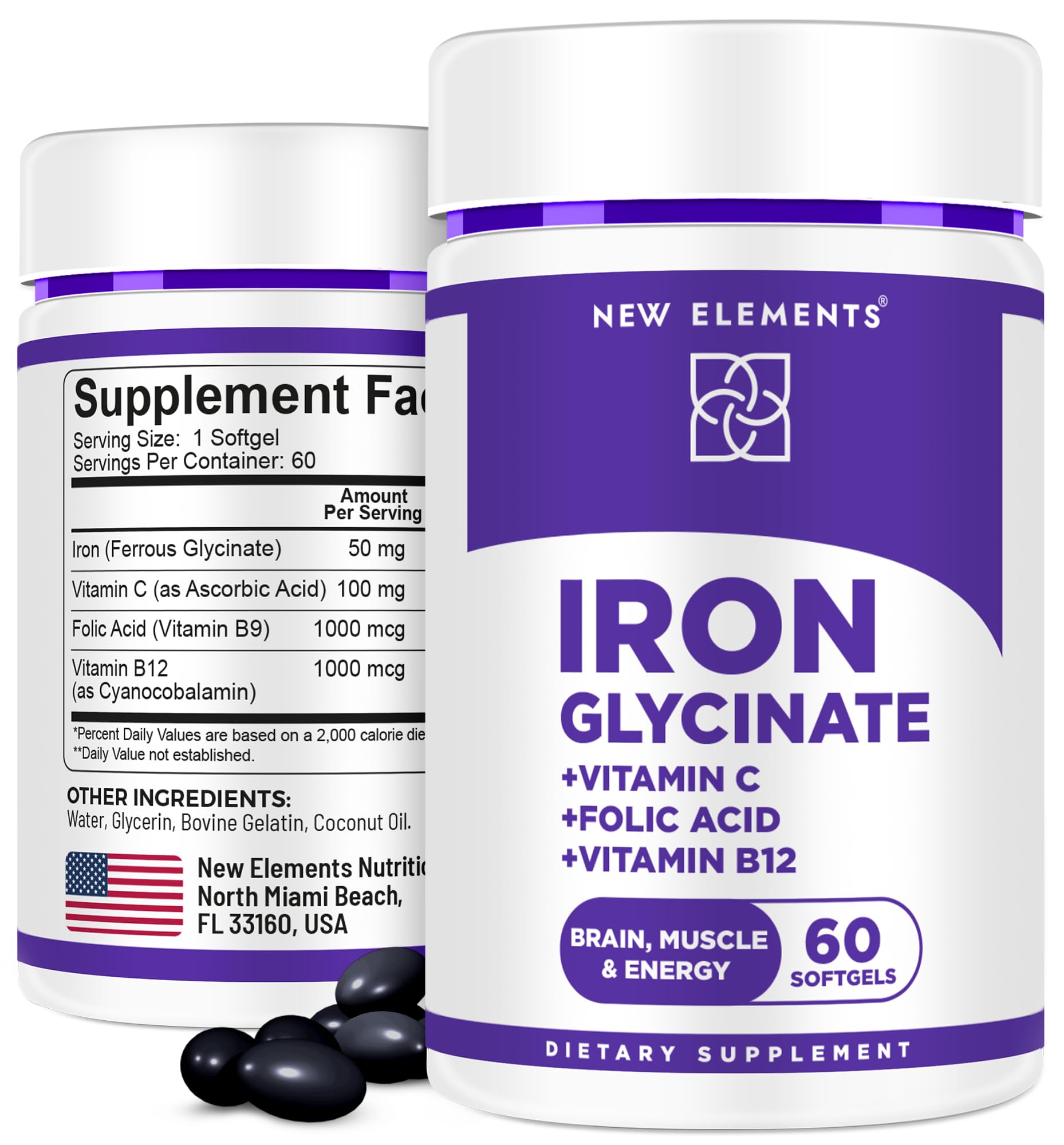 Iron Glycinate 50mg with Vitamin C Folic Acid B12 Advanced Iron Supplement for Anemia Relief Energy Boost Immune