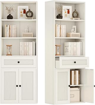 Coleshome 5-Tier Bookcase with Doors and Cabinet, Bookshelf Floor Standing Display Storage Shelf, Tall Bookcase with drawers for Home, Office, Living Room, Bedroom, White, 48 x 24 x 164.2