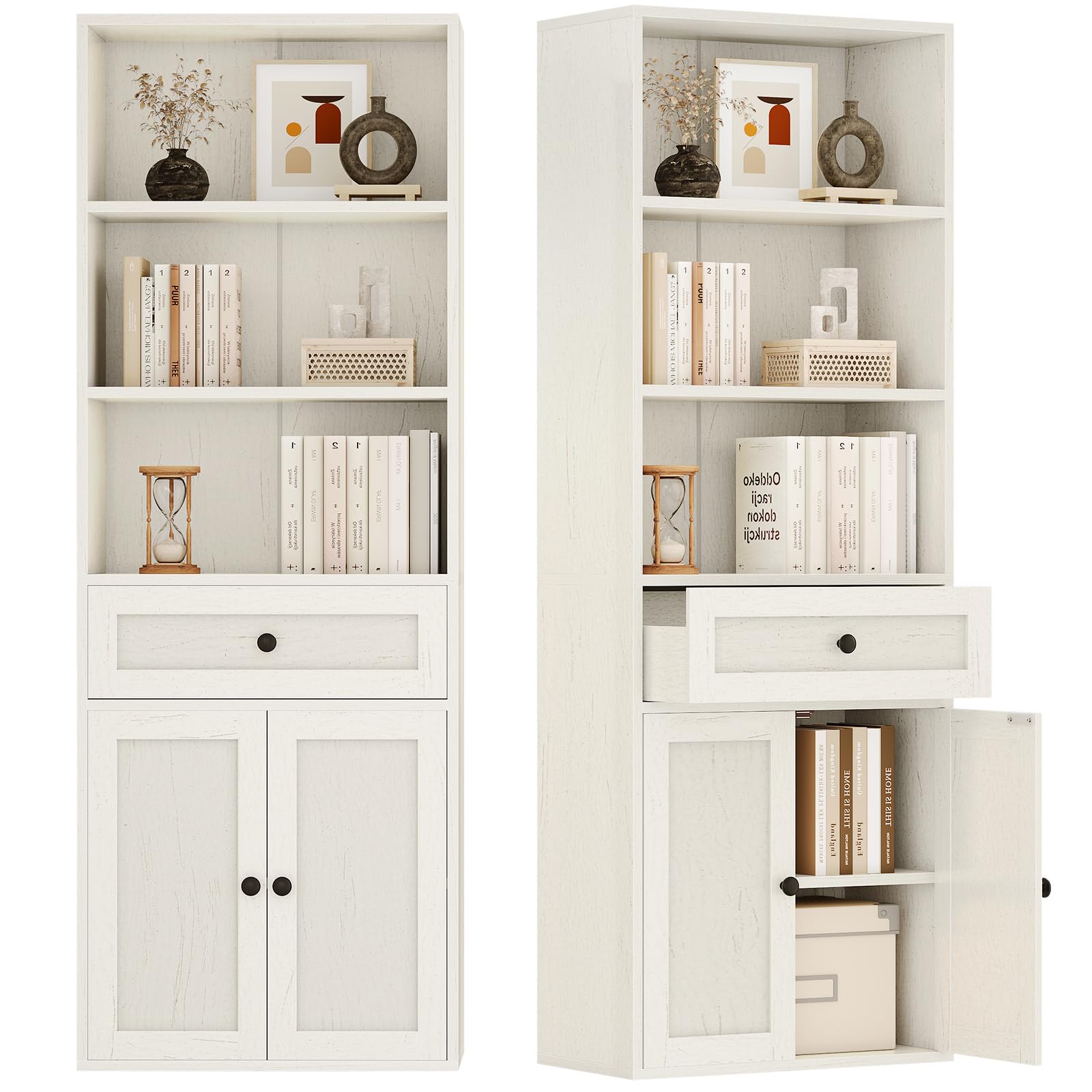 Coleshome Bücherregal mit Türen und Schrank Regal mit 5 Ebenen, Stehendes Etagenregal mit Schubladen zur Aufbewahrung und Präsentation für Zuhause, Büro, Wohnzimmer, Schlafzimmer, Weiß, 48x24x164.2