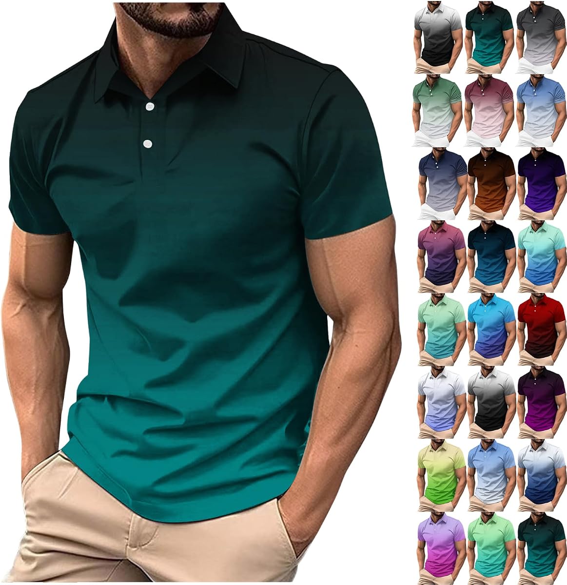 Polo de hombre manga corta degradado color gimnasio entrenamiento golf camiseta moda casual cuello en V botones abajo tops 2025