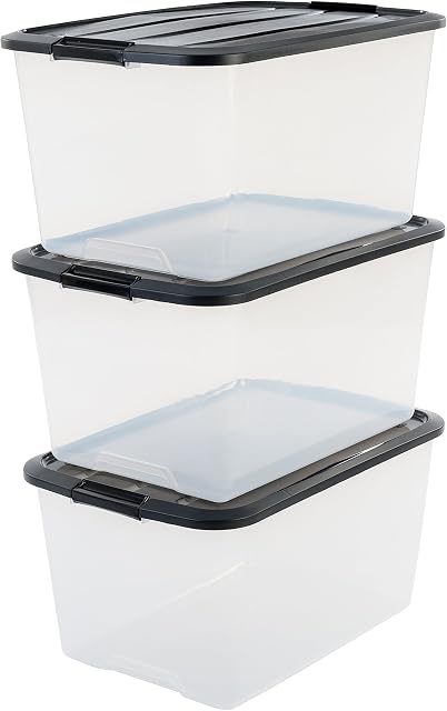 Iris Ohyama, Set of 3, Storage boxes, 45 Lwith snap closure, stackable, living room, bedroom, Garage - Top Box TB-45 - Transparent / Black