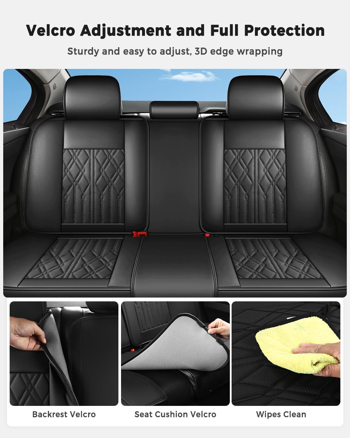 Huidasource Leather Back Row Seat Covers, Waterproof Rear Split Bench Car Seat Covers, Vehicle Seat Cushion Cover Protector Universal Fit for Most Cars Sedan SUV Pickup Truck(Back Row/Black)