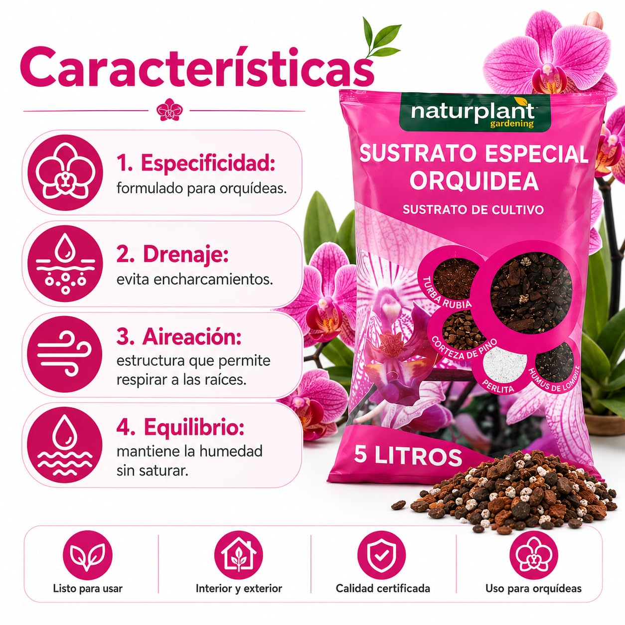 Sustrato Orquídeas terrestres o epifitas | Tierra para Plantas| Mantiene una aireación, Drenaje y retención Ideales para un Crecimiento óptimo | Pack 5 litros