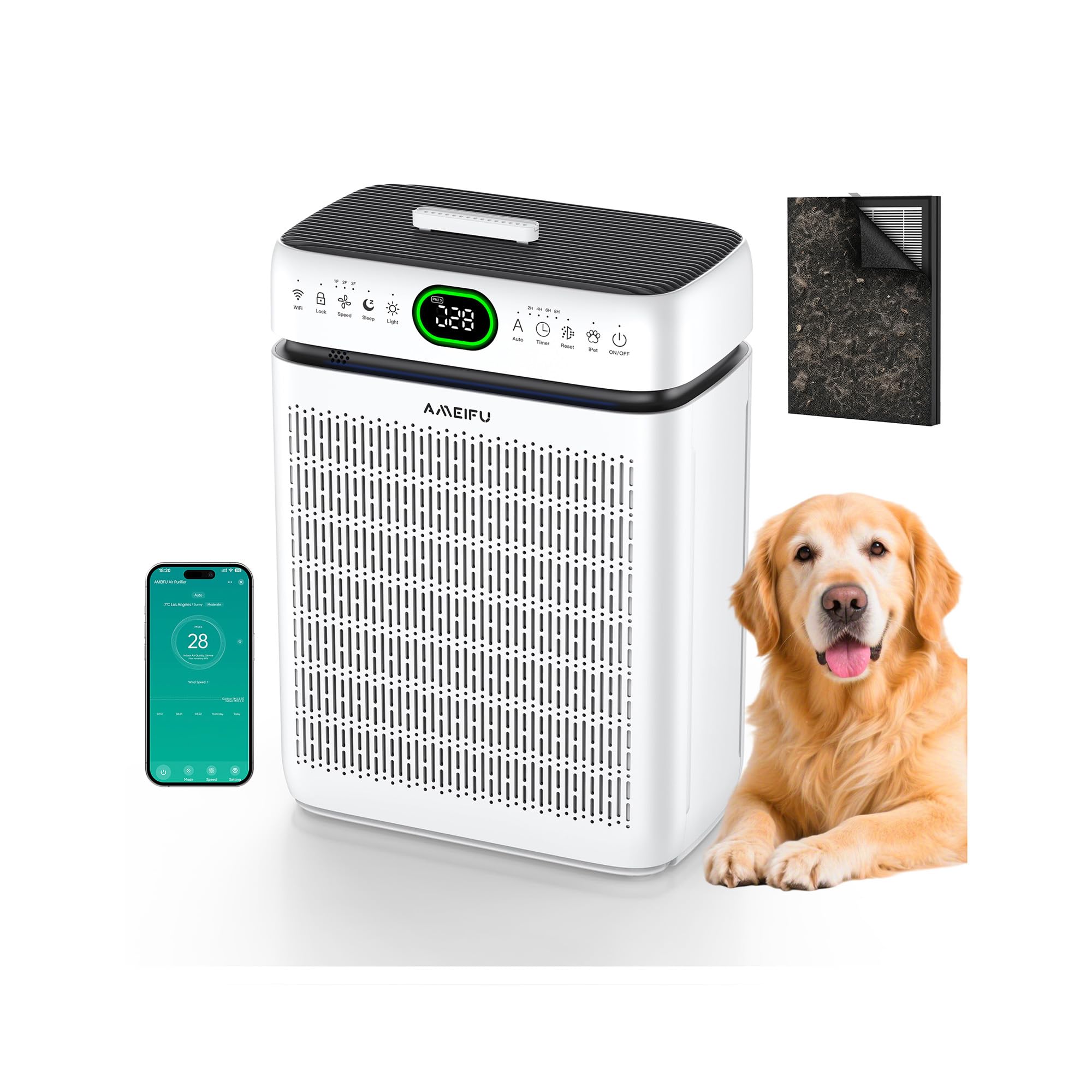 Purificadores de aire para el hogar, habitación grande de hasta 3500 pies cuadrados con filtros lavables, HEPA de doble cara con visualización PM 2.5, sensor de calidad del aire, aplicación WiFi
