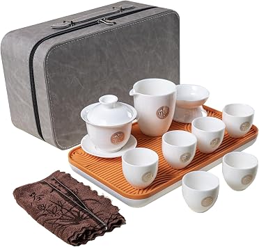 KEYDUACU Gaiwan Chinese Gongfu Tea Set,Asian Adult White Ceramic Tea Set, 6 Cups Suitable for Small Gatherings, Home, Office and Travelling, Gift GivingTravel-China Fu