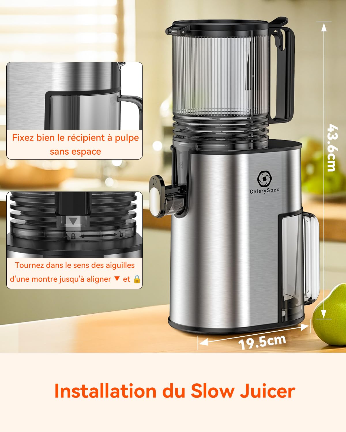 Extracteur de Jus Lent, Centrifugeuse Fruits et Legumes avec Goulotte 130 mm, 1,8L, Slow Juicer Sans BPA, 250W, Nettoyage Facile, Fonction Inverse, Acier Inoxydable Noir