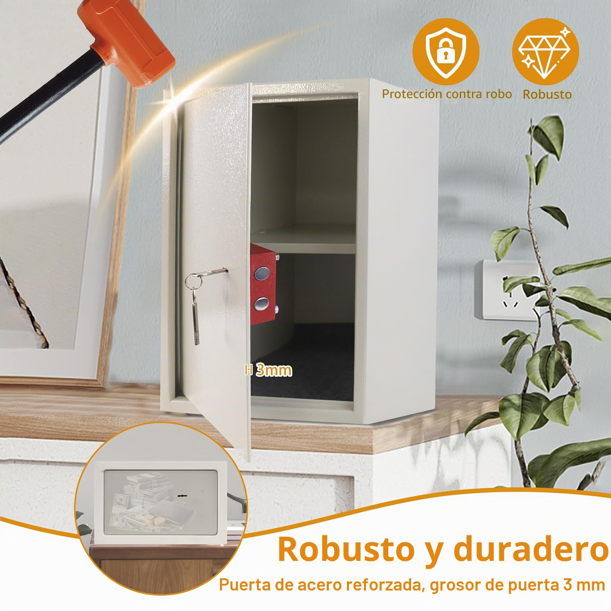 Caja fuerte para el hogar, pequeña caja fuerte con llave, de acero inoxidable, resistente al fuego, resistente al agua, 35 x 31 x 50 cm