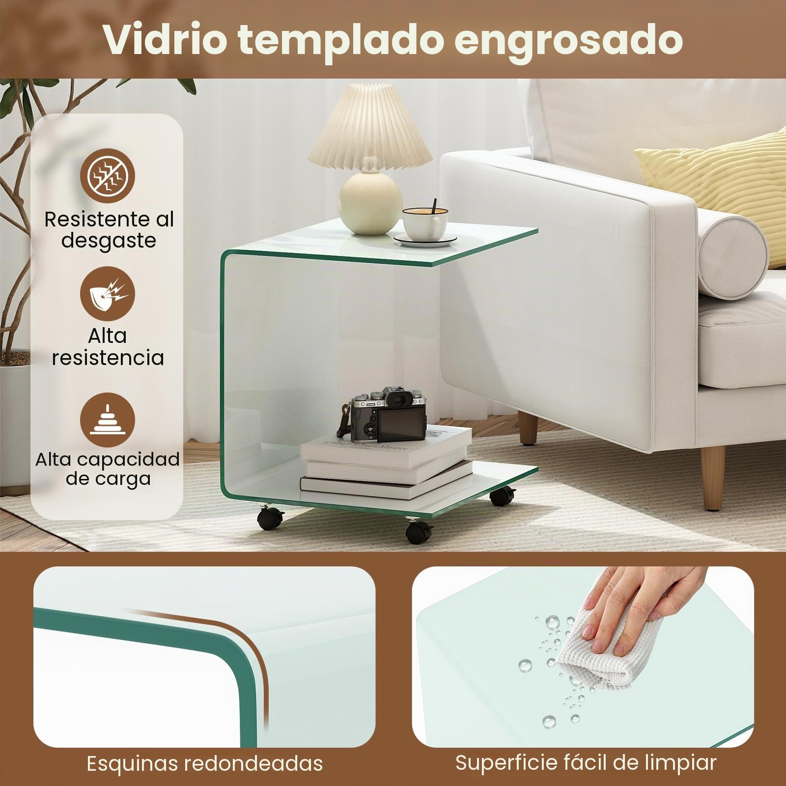 COSTWAY Mesas Auxiliares de Cristal, 45 x 45 x 41 cm, 2 Formas, Mesas de Centro Pequeñas, Mesa Auxiliar Salon Sofa de Vidrio Templado, Mesa para Café (Blanco,con Ruedas)