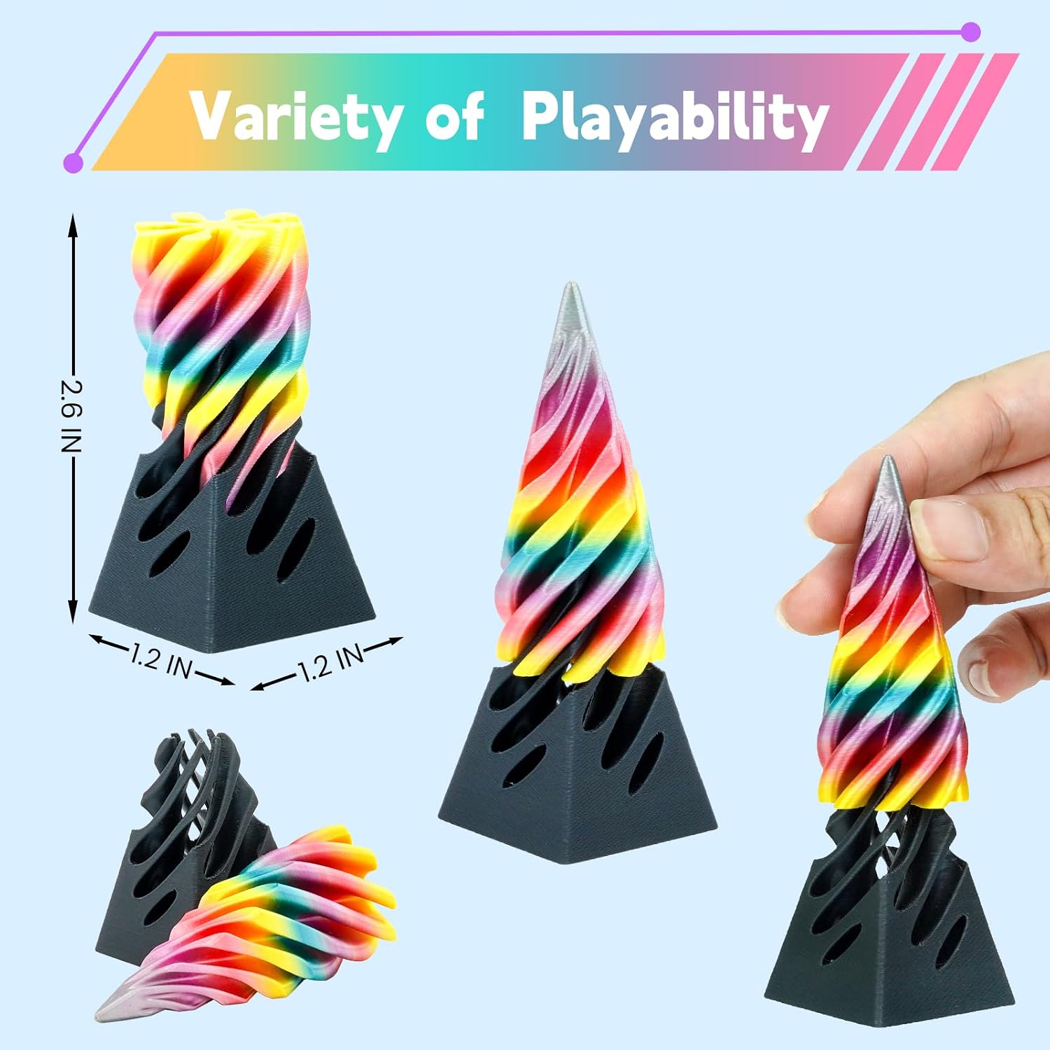 3 Packs Spiral Fidget Impossible Cone,3D Printed Optical Illusion Desk Toys Stress Relief Sculpture, Unique Office Gifts Teens Adults Kids Stocking Stuffers Christmas White Elephant(Black-Rainbow)