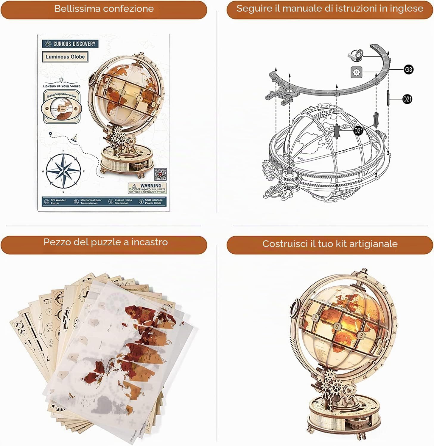 RoWood Puzzle 3D Modello in Legno per Adulti Globo Luminoso - Modellismo da Costruire - Modellini da Costruire per Adulti - Regali di Compleanno e Natale