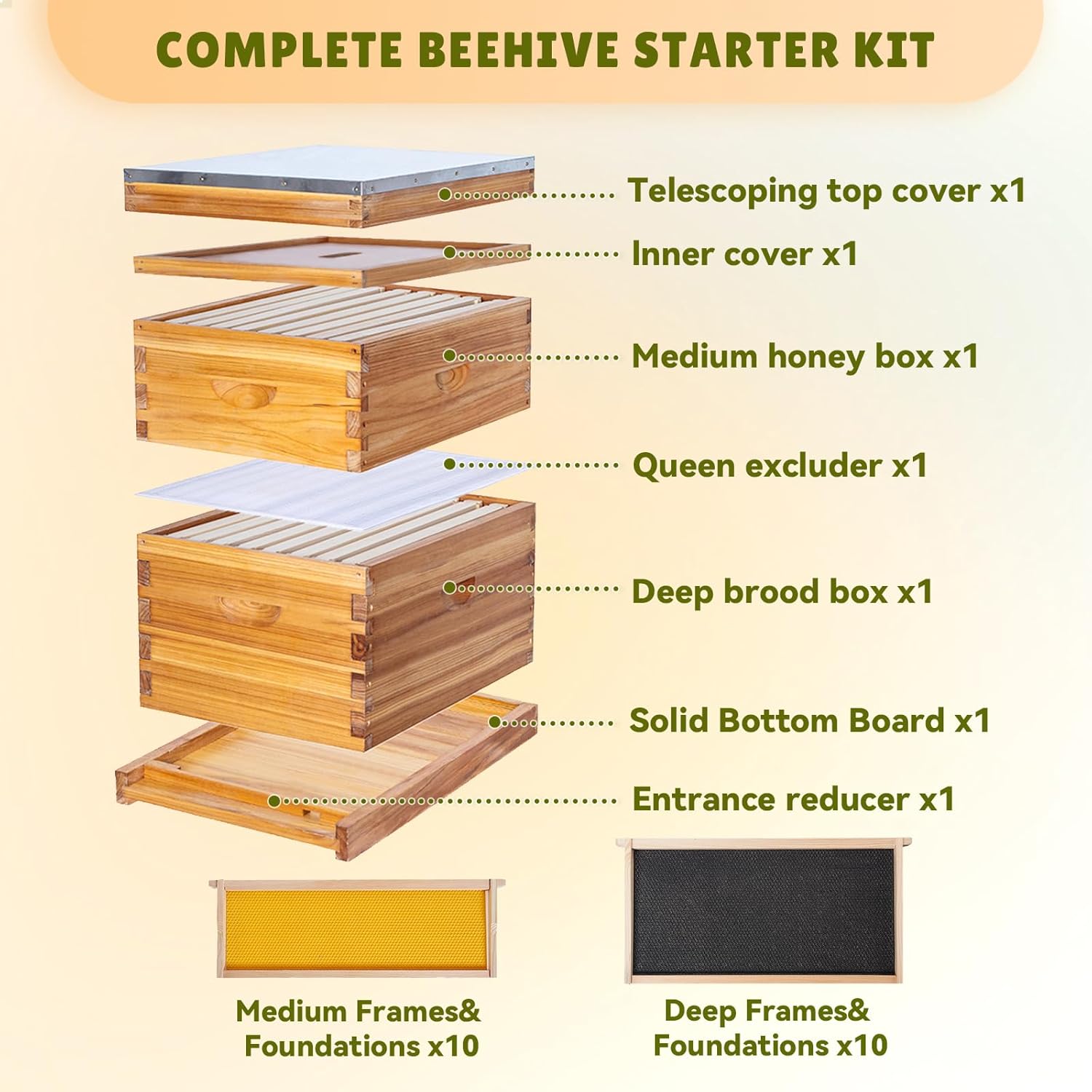 10-Frame Bee Hive Complete Beehive Kit Beeswax Coated Beehive Include Frames and Foundation Sheets for All Beekeeping Levels (1 Deep & 1 Medium Bee Boxes)