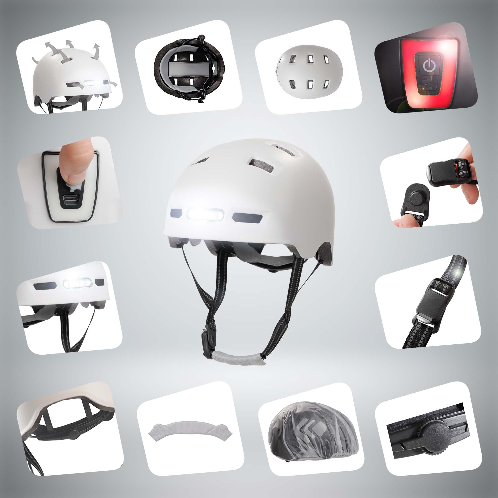 Crazy Safety Vertigo Casque De Vélo Blanc Mat Lumière Avant Et Arrière USB | Casque pour Trottinette, Skateboard, Rollers et Vélo BMX, Casque de Vélo de Ville pour Hommes et Femmes | M 54-57cm
