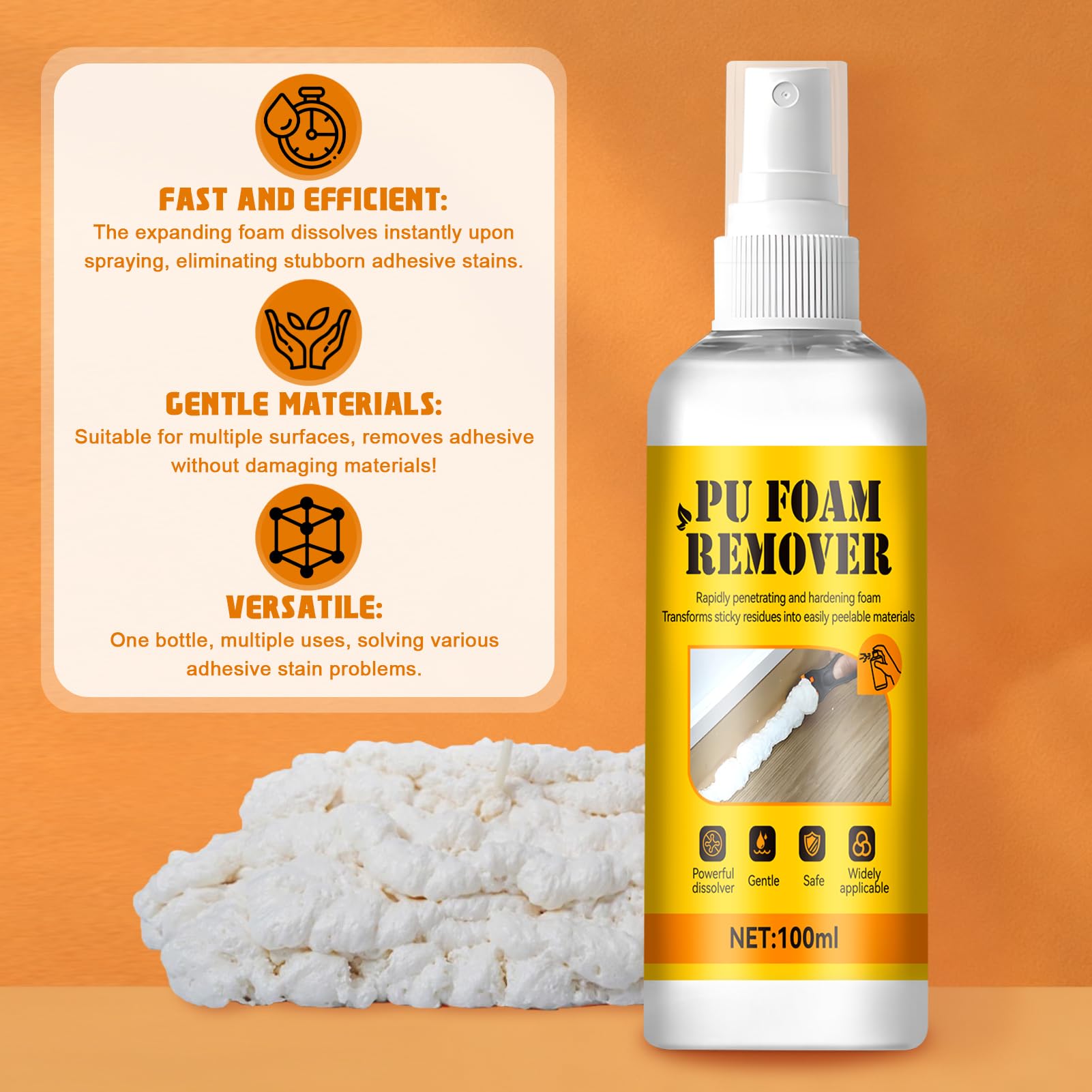 Pulitore Schiuma Poliuretanica, Rimuovi Colla Poliuretano Espanso Schiuma, Solvente schiuma Edilizia Rimuove, rimuovi Schiumas Pu per Ristrutturazioni Domestiche e Pulizie Quotidiane, 100ml